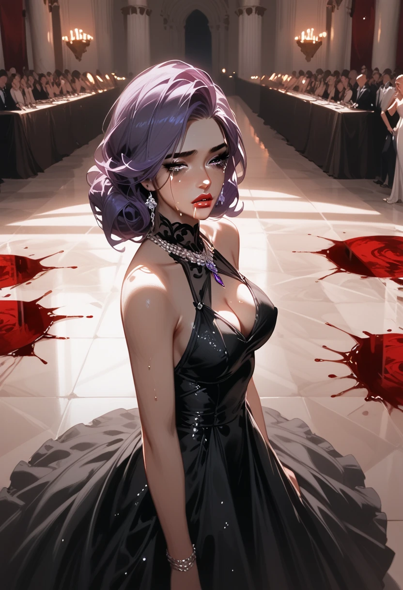  score_9,  score_8_above,  score_7_above,  source  _animated, arrogant,girl, very elegant, expressive eyes, Nostalgic girl,  semi-transparent dress,  black dress , in a palace, dramatic light (dramatic light), silk hair,  purple hair, ,delicate woman, dark people dancing in the background, Dark atmosphere, mysterious, spilled blood, Crying girl