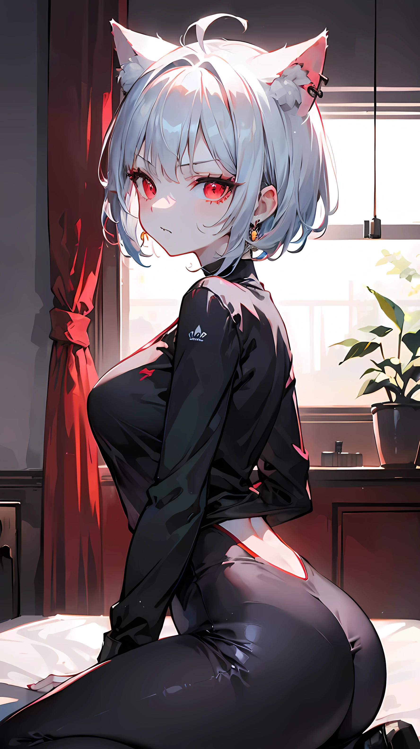 (ulzzang-6500:0,5). ( Tomboy girl with short silver Pixie hair ).  Wearing a long sleeve black top and black leggings . Well proportioned body with highlighted curves . sharp fangs, intense red eyes,  cat ears and red earring on her right ear.  kneeling on a white bed with a slightly blurred background, focusing on the face and upper body . Sadistic and Cruel Expression.  The environment presents a traditional interior decoration , with side view angle . raw photo, 8K UHD, film grain.