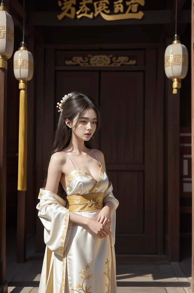 finedetail, Surreal photo,
one-girl,cabelos preto e longos,Dressed gorgeously,Dress nobly,Noble robes,nobles,Embroidery,Weaving gold,Yellow and white hanfu,,exposed bare shoulders,Smooth shoulders,
Chinese Ancient Architecture,Ancient Chinese palaces,Ancient Chinese royal palace,Ancient Chinese palaces,