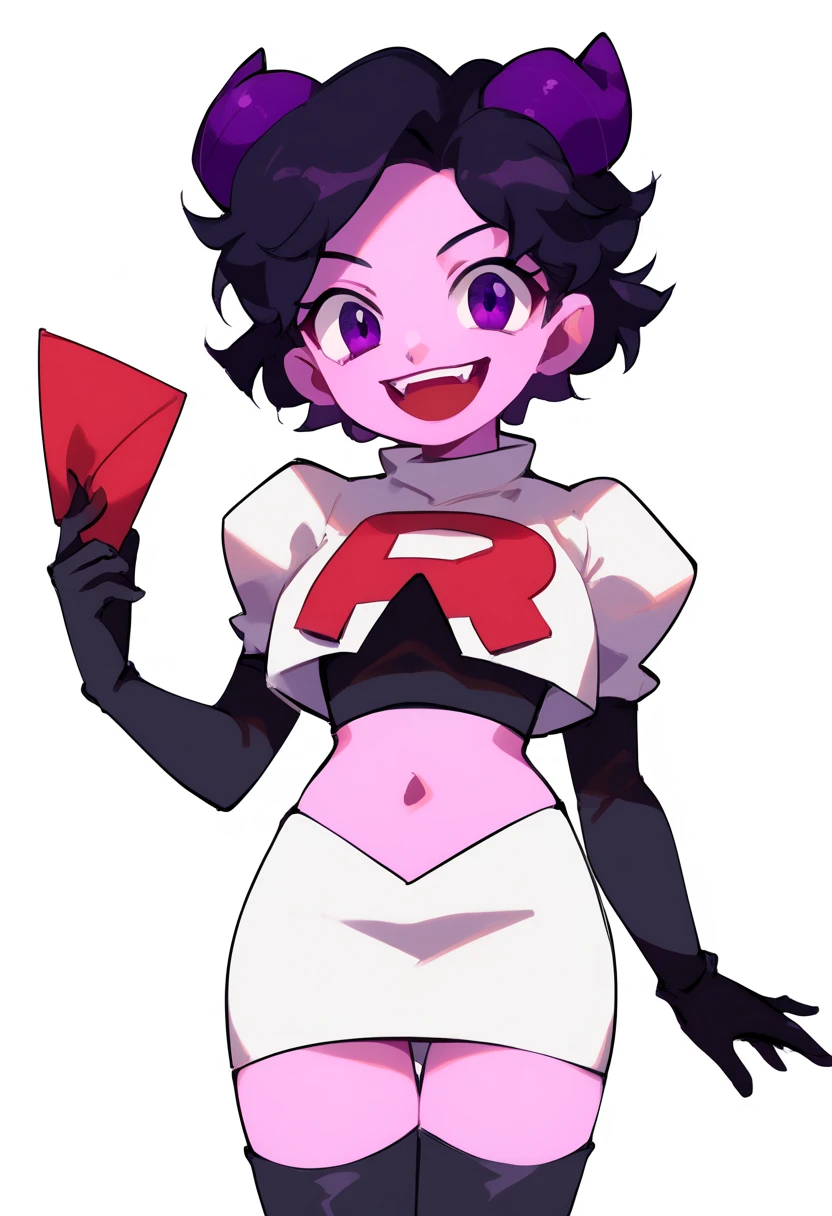 jellybean_yt, solo, looking at viewer, smile, short hair, open mouth, black hair, 1girl, white background, purple eyes, female focus, horns, teeth, colored skin, fangs, team rocket,team rocket uniform,white skirt,red letter R,crop top,black thigh-highs,black elbow gloves, source