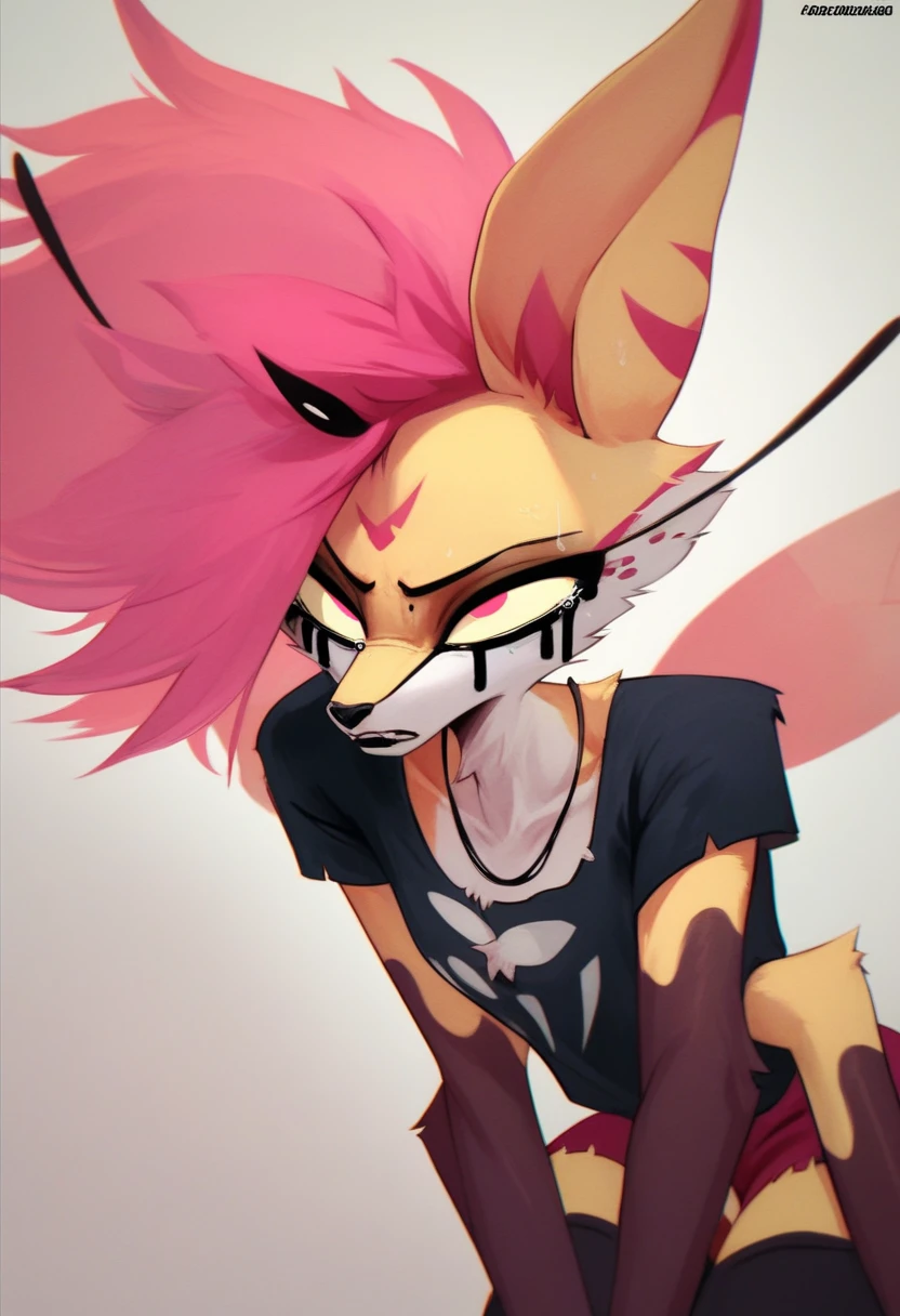 girl, alone, QueenB, tear-stained face with tears, anthropomorphic furry fox, furry woman, mohawk hairstyle, airy blue and pink hair, pink eyes, yellow sclera, long eyelashes, drip mascara, striped pink ears, pixie wings, four arms, black necklace, in black shirt, stockings and miniskirt, high quality 4K, SFW style