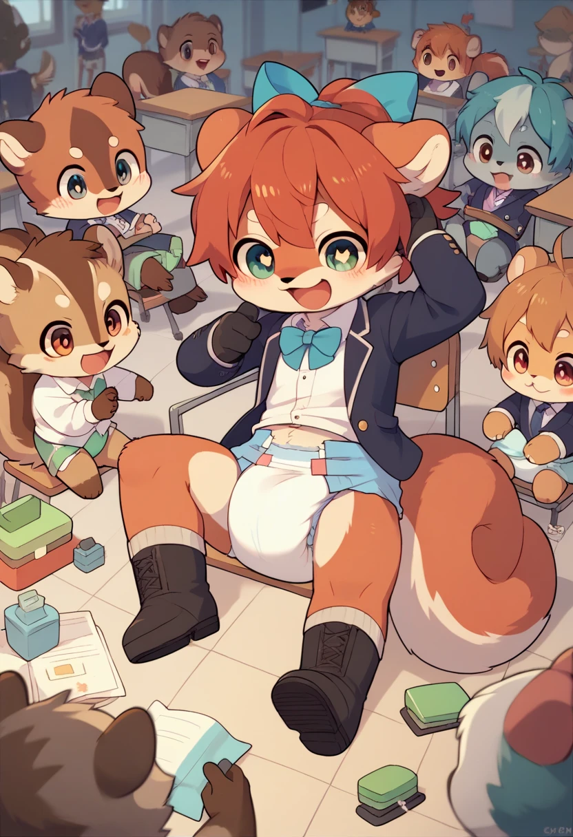 Masterpiece, 4K, beautiful contrast of light and shade, kemoshota, shota, posing, embarrassed, dynamic angle, naked, Nude model, at drawing club, elementary school, surrounded by normal furry students, art class room, students are practicing drawings,
