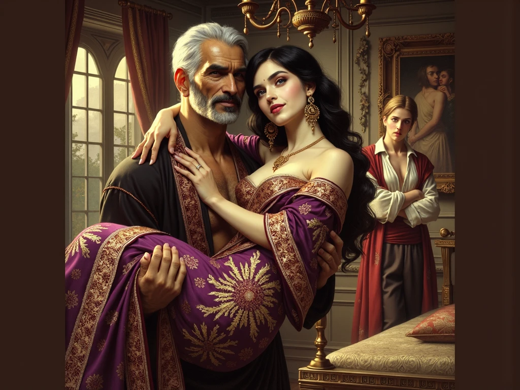a mature woman with long black hair tied up, black eyes, thin lips, round face, huge breasts with cleavage, wide hips, wearing a long dress with an apron, sitting on the sofa answering the phone, looking shy, behind her a mature man her husband roasting meat on the barbecue and a 10 year old boy her son helping with detailed and perfected meat art, ambiance of the house's leisure area, representing a family, unfaithful wife on the phone sitting on the sofa while husband roasts meat on the barbecue with their son, both two smiling, (best quality,4k,8k,highres,masterpiece:1.2),ultra-detailed,(realistic,photorealistic,photo-realistic:1.37),HDR,UHD,studio lighting,ultra-fine painting,sharp focus,physically-based rendering,extreme detail description,professional,vivid colors,bokeh,portrait,photography