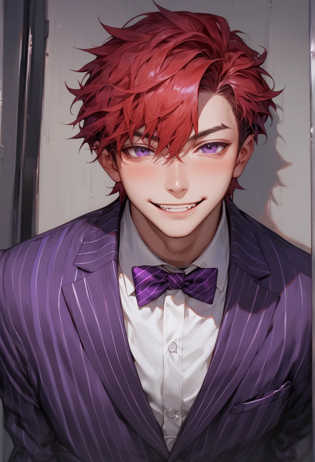 solo, 1 boy, 20-years old man, handsome face, red hair, dark purple eyes, Purple striped suit with bow tie(purple), looking at viewer, solitary confinement in a mental hospital, young man, handsome face, hentai smile, masculine face