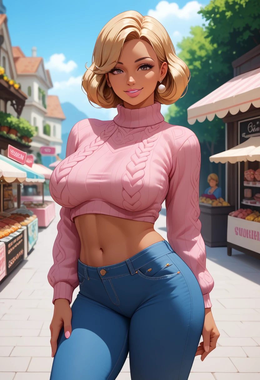 best quality, Duolingo flat syle XL, 8k, beautiful, best quality, glossy, 4k, ((artwork)), extremely detailed, 8k, beautiful, MILF, hot woman, brown skin, wool sweater, long sleeves, short blonde hair, big breasts, full lips, pink lips, smile, simple art, slim body, jeans pants, stomach out, market aisle, 2d art