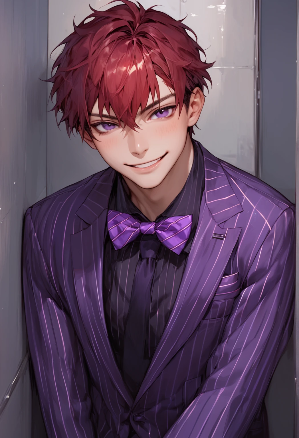 solo, 1 boy, 20-years old man, handsome face, red hair, dark purple eyes, Purple striped suit with bow tie(purple), looking at viewer, solitary confinement in a mental hospital, young man, handsome face, hentai smile, masculine face