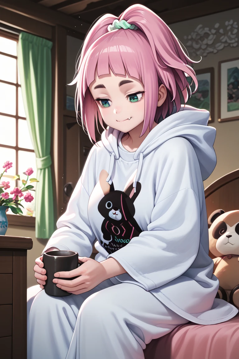  source_anime,
kiuiwatase, kiui watase, short hair, bangs, hair ornament, green eyes, pink hair, thick eyebrows, hair scrunchie, scrunchie, ponytail, blunt bangs,
skin fang, large breasts,            smile,closed mouth,tareme,sitting,panda ears,relaxing,hood,white pajamas,frills,hooded pajamas,loose clothing,fur trim,morning,indoor,cozy bedroom,next to the windows,stuffed animal,rabbit,flower,ceiling window,detailed background,realistic,soft light,light particles,serenity,cup,