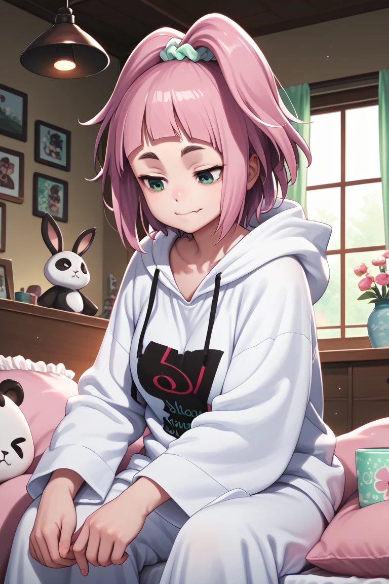  source_anime,
kiuiwatase, kiui watase, short hair, bangs, hair ornament, green eyes, pink hair, thick eyebrows, hair scrunchie, scrunchie, ponytail, blunt bangs,
skin fang, large breasts,            smile,closed mouth,tareme,sitting,panda ears,relaxing,hood,white pajamas,frills,hooded pajamas,loose clothing,fur trim,morning,indoor,cozy bedroom,next to the windows,stuffed animal,rabbit,flower,ceiling window,detailed background,realistic,soft light,light particles,serenity,cup,