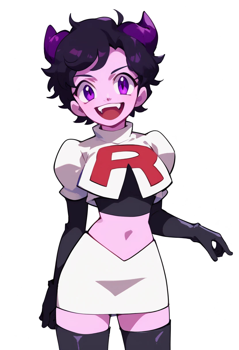 jellybean_yt, solo, looking at viewer, smile, short hair, open mouth, black hair, 1girl, white background, purple eyes, female focus, horns, teeth, colored skin, fangs, team rocket,team rocket uniform,white skirt,red letter R,crop top,black thigh-highs,black elbow gloves, source