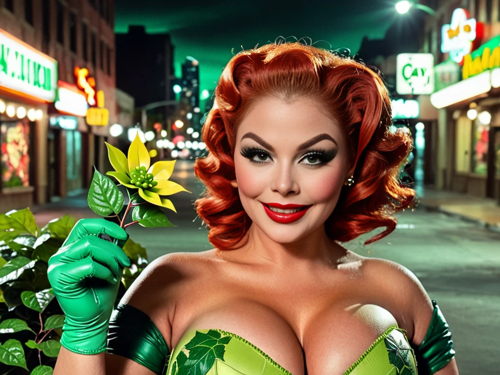 close shot of beautiful face poison ivy, villain face, green eye mask, some plants in her body, big breast,vintage,old movie style, 50s movie,she had green gloves, night city background, holding a poison flower in hand, beautiful face, perfect smile, realistic