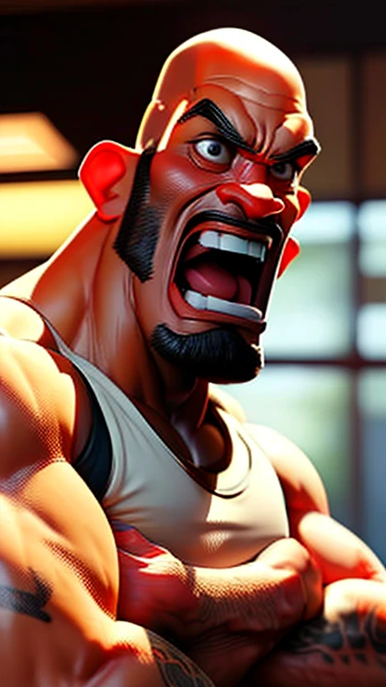 an exaggeratedly muscular, tall and large bald bodyguard, beefy build, yakuza tattooes, mixed asian race, wearing tanktop with logo "ACAB", arm and pectoral hair, full body portrait HD, bright corporate office with large windows, High Resolution, Looking at viewer, Depth Of Field, Masterpiece, Best Quality, Anatomically Correct