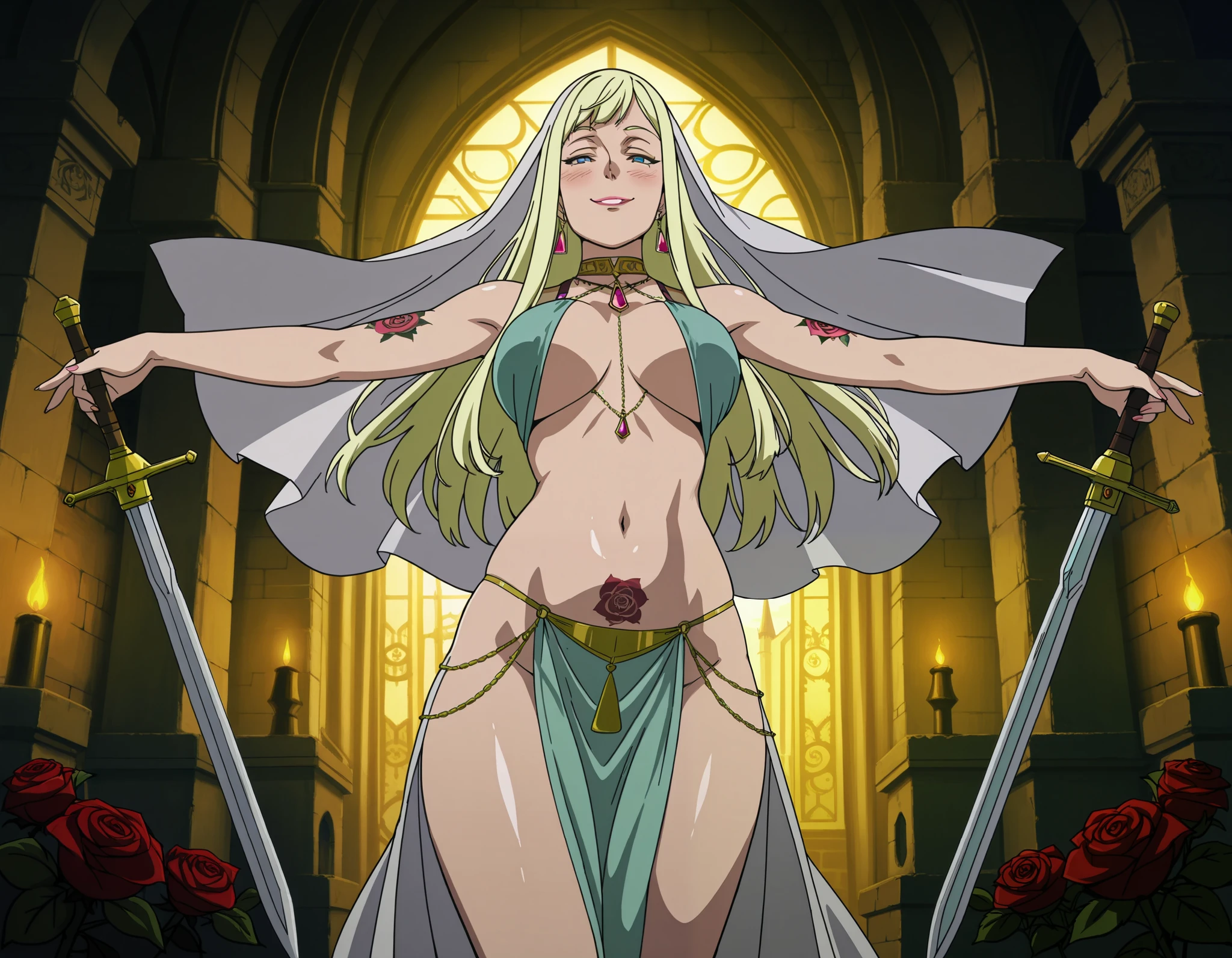 1girl,solo,Andalucia,blonde hair,long hair,blue eyes,earrings,anime coloring, large breast,
ear piercing, long hair, blush, lipstick,Hot girl, sensual, attractive, castle,inside castle, masterpiece, best quality, highly detailed ,gold_choker, complex detailed
background,
inside, , holding a sword, sword, belly_chain,harem_outfit,navel, necklace,
pelvic_curtain,revealing_clothes, veil，masterpiece,best quality,1girl,mature,evil smile, smile,
female,mature,necklace,pendant, (nsfw) not safe for work, exposed belly, exposed navel, exposed
midriff, exposed lower belly, ,,, dual wielding ,, dragon tattoo, tattoo on body, tattoo midriff, rose tattoo, shiny skin, open arms sideway, arms T-pose, smirk, standing, anime girl T posing