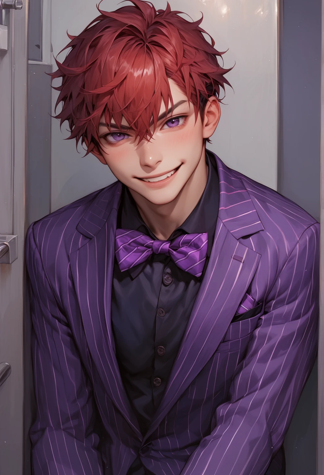 solo, 1 boy, 20-years old man, handsome face, red hair, dark purple eyes, Purple striped suit with bow tie(purple), looking at viewer, solitary confinement in a mental hospital, young man, handsome face, hentai smile, masculine face