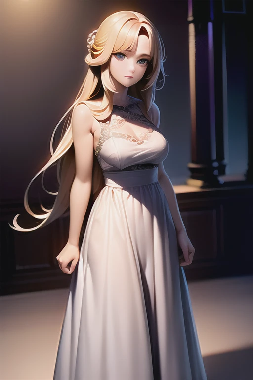  a girl, alone, long hair, high resolution, looking at viewer, blushing, golden blonde hair, honey and green eyes, masterpiece, detail, best quality, high resolution, UHD, medium breasts, chapped lips, heterochromia, shy, serious, red lips, contempt, a dreamer look at viewer, princess dress, ball gown dress style, floral romantic dress style, in de middle of a gala party, medium hips, normal waist, full body,