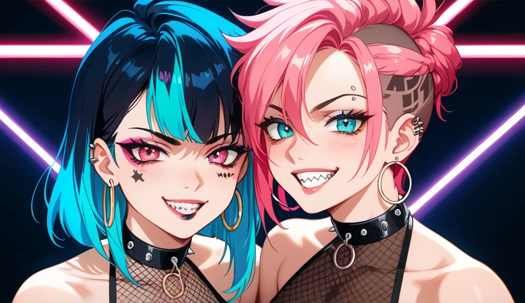 Vibrant, high-contrast anime-style illustration featuring a female character with a striking appearance. She has long, dual-colored hair, with one side pink and the other teal, styled in a wild, tousled manner. Her facial features include sharp, confident eyes with pink irises and a wide, toothy grin showcasing sharp teeth. She has light skin adorned with multiple tattoos, including a prominent one on her shoulder. She wears a black choker with a metallic clasp, and her outfit includes a black mesh top over a pink bra. The character also has several piercings, including hoop earrings and a nose ring. The overall style is edgy and rebellious, with a dark, punk aesthetic.{focus on face} 