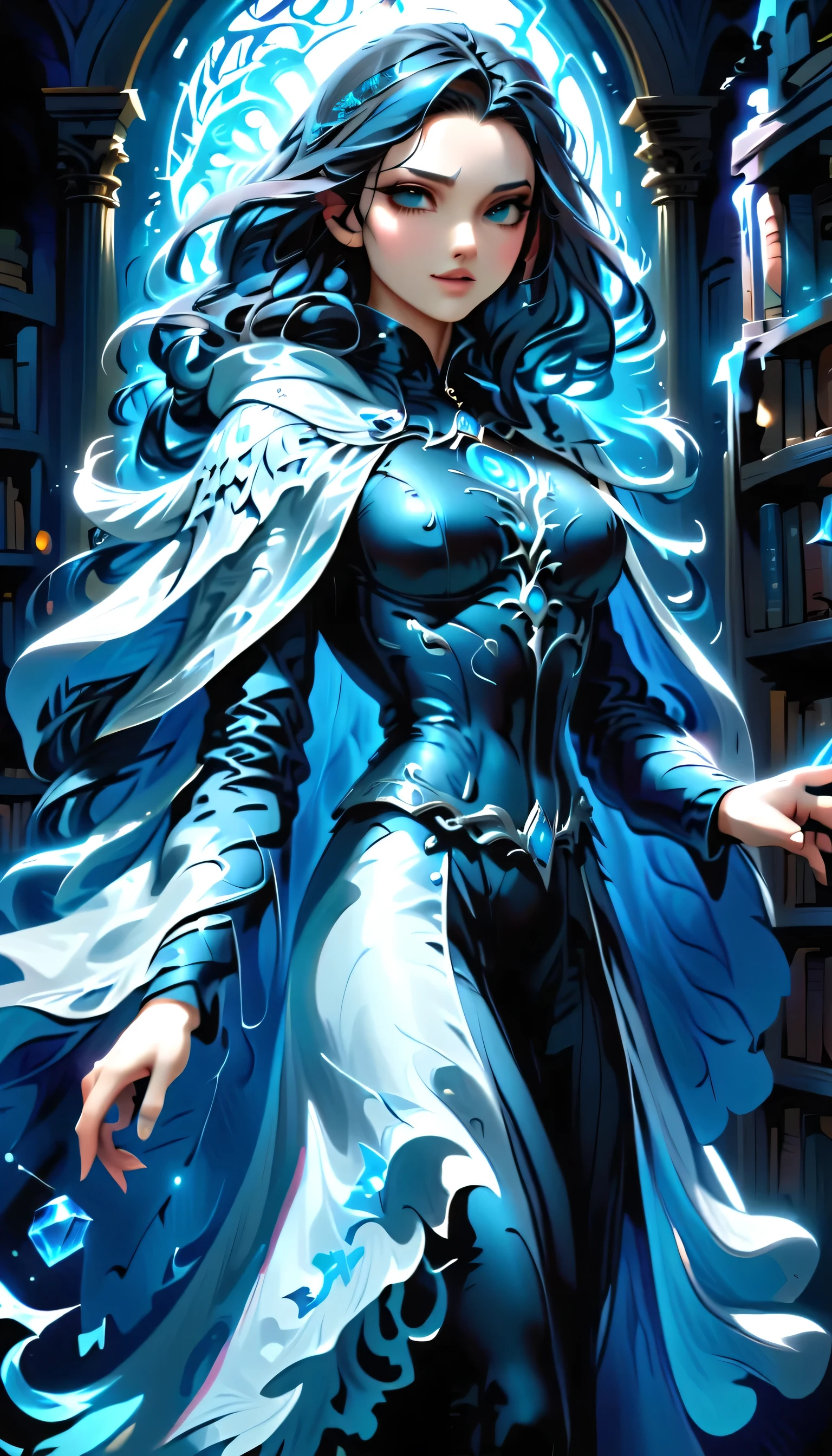 a masterwork picture of a sorceress casting a spell in magical library, exquisite beautiful woman, dynamic hair color, dynamic hair style, ((full body shot: 1.5)), ((anatomically correct: 1.5)), (ultra detailed face: 1.2), best detailed face, high details, best quality, 16k, (long black dress: 1.2), (white cloak: 1.3), high heeled boots (ultra details, Masterpiece, best quality) masterpiece, best quality, (extremely detailed), full body, ultra wide shot, (ultra details, Masterpiece, best quality), fantasy art, dnd art,fantasy art, realistic art, (ultra details, Masterpiece, best quality), (ultra details, Masterpiece, best quality), IceMagicAI, Hyperrealism style, rpg portrait photograph