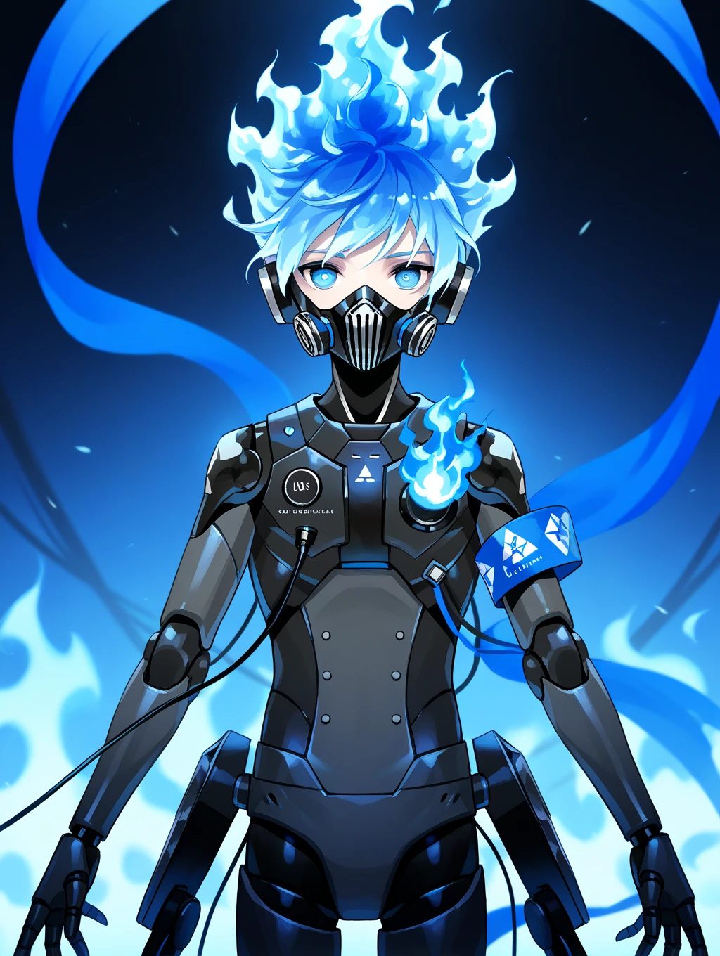 One,  male focus,  1 boy , orthoshroud, respirator,  looks at the viewer, fiery hair, blue fire,  headphones, respirator, mechanical parts,   robot joints   