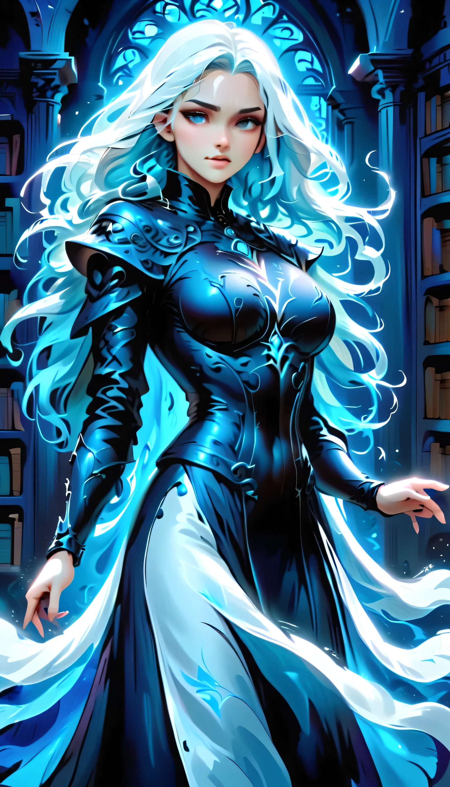 picture of a sorceress casting a spell in magical library, exquisite beautiful woman, dynamic hair color, dynamic hair style, ((full body shot: 1.5)), ((anatomically correct: 1.5)),  (ultra detailed face: 1.2), best detailed face,  high details, best quality, 16k,  (long black dress: 1.2), (white cloak: 1.3), high heeled boots (ultra details, Masterpiece, best quality) masterpiece, best quality, (extremely detailed), full body, ultra wide shot, (ultra details, Masterpiece, best quality), fantasy art, dnd art,fantasy art, realistic art,  (ultra details, Masterpiece, best quality), (ultra details, Masterpiece, best quality), IceMagicAI, Hyperrealism style, rpg portrait
photograph