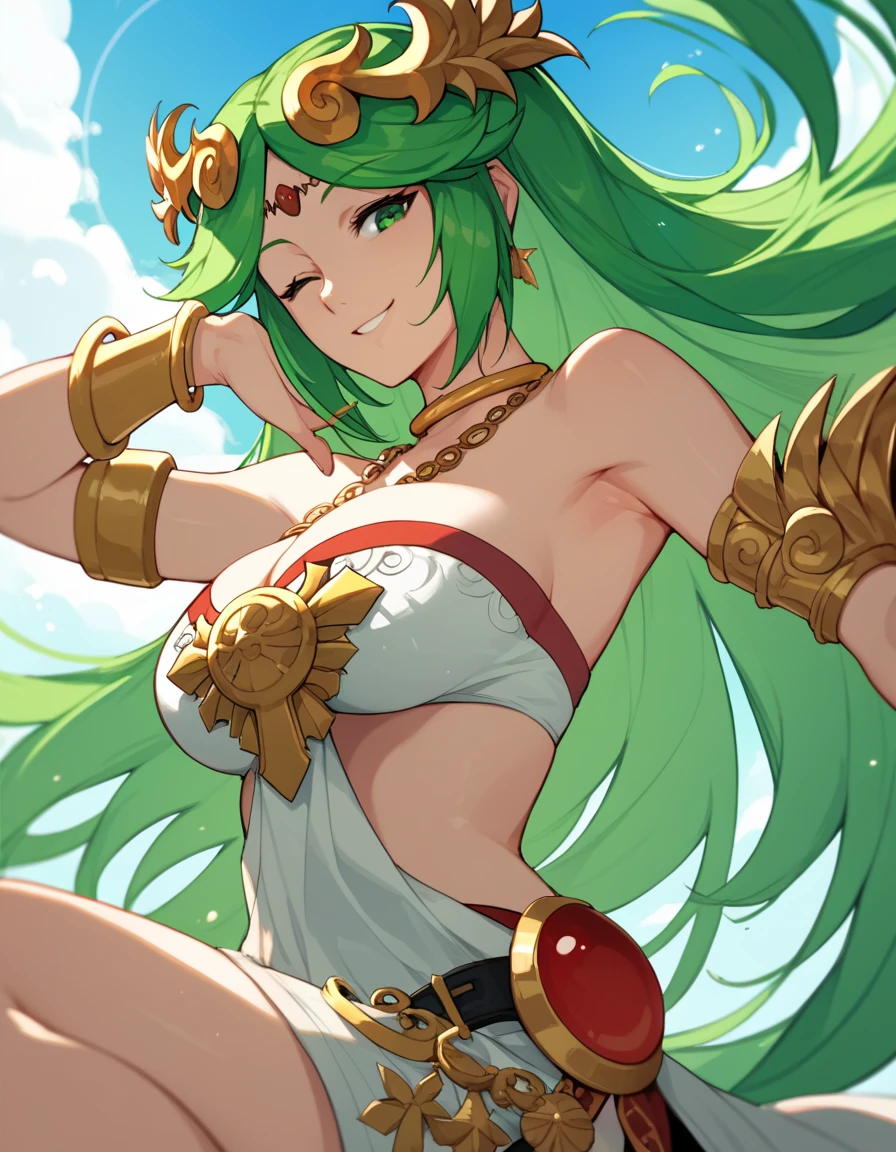 score_9, score_8_up, score_7_up, best quality, source_anime, clear face, 1girl, palutena, green hair, long hair, green eyes, large breasts,  white bikini, cleavage, smile, outdoor, good lighting, back view, showing armpit, winking one eye, on her knees 