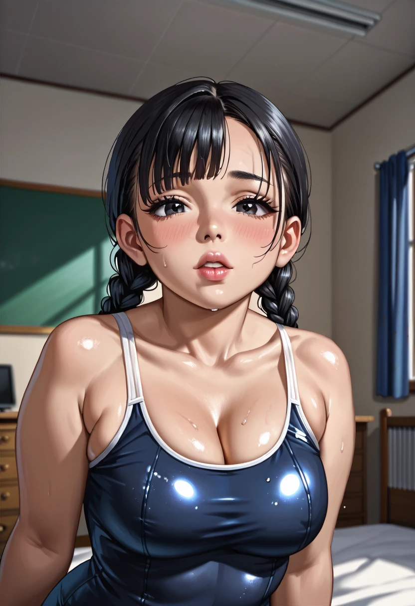 (1girl:1.3), Masterpiece, Best quality, amazing beauty, 4K, absurdres, finely detail, super detailed eye, perfect anatomy, official art, cinematic lighting, BREAK, ((((Bright bedroom)))), Twin braids (shorter), (black hair:1.5), ((super shiny detailed black eye)), cute eyes, full lips, Plump face, (((young face:1.5))), BREAK , A-cup breasts, chubby, (((**********************:1.5))), Are standing, BREAK , ((((school swimsuit))):1.2), (Cleavage is visible:1.2), BREAK,()