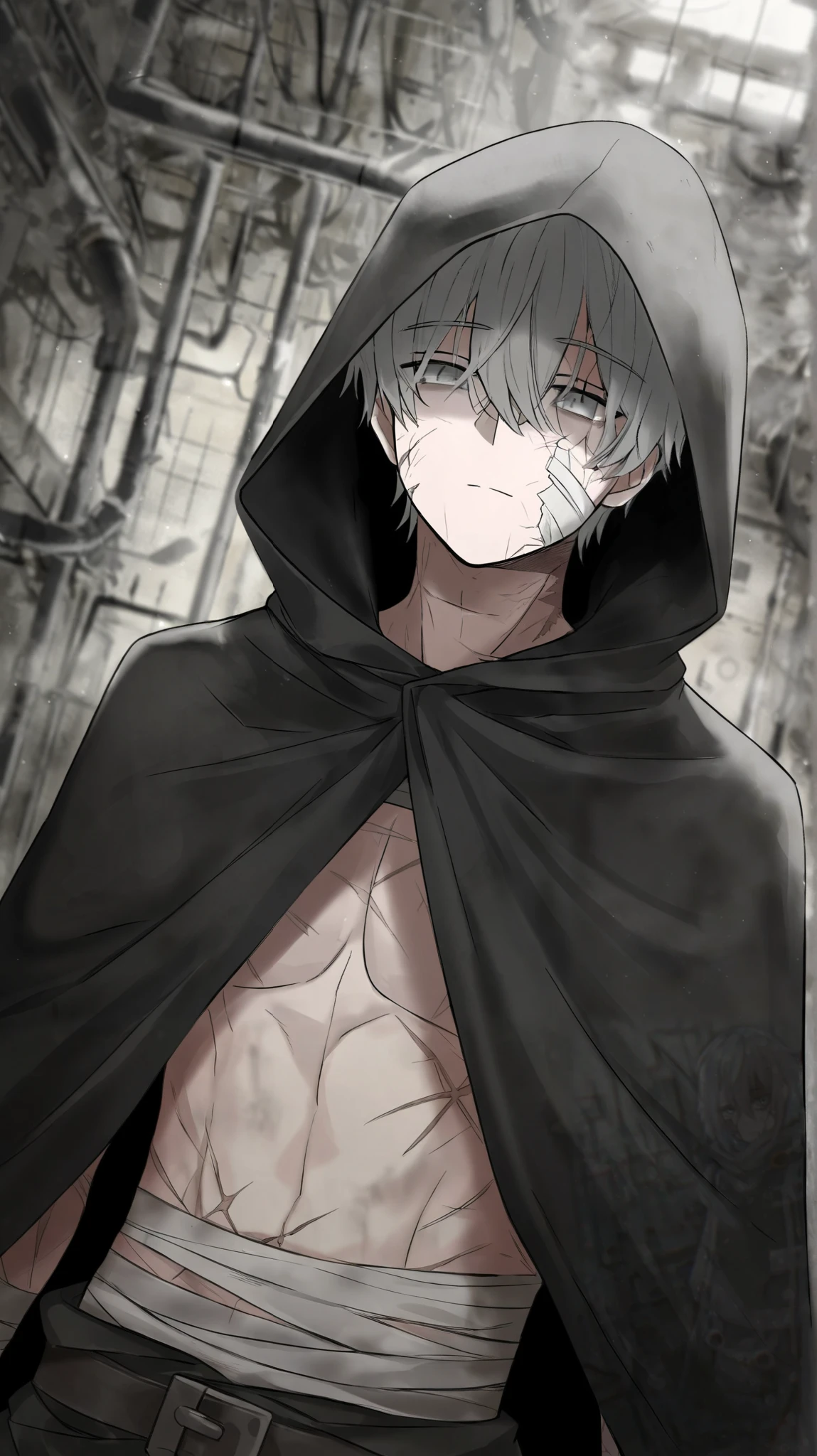 The determined eyes were silver gray and cruel.,There is fog in the left eye.,White-gray bangs covering half of your eyes.,The whole body is light gray.,Wearing a light gray coat,He holds a silver-gray-black to black sword.,The body will be slightly thinner. Looks sad Naked with blood, black clothes, blood, blood, like a flood of blood.