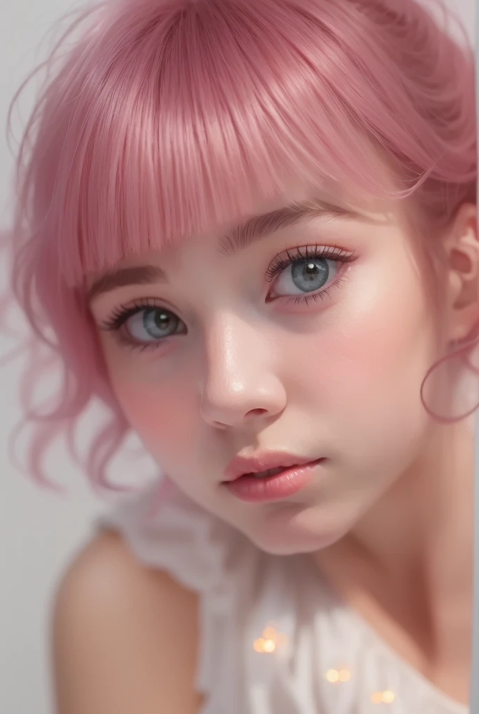   Thick eyelashesで青い目に穴を開ける10代の少女の詳細なポートレート ,   hyperdetail   ,   Photorealistic,   perfect face, Front View, Light grey eyes that are transparent like glass 、Thick eyelashes   , real skin,  Detailed portrait of a teenage girl with medium pink hair banged   ,  off-the-shoulder tank top sitting in a wooden box in the room、  white high waisted pleated skirt    , Indoor Settings,  white room background ,  natural light, Soft Shadows,   cozy relaxed atmosphere 