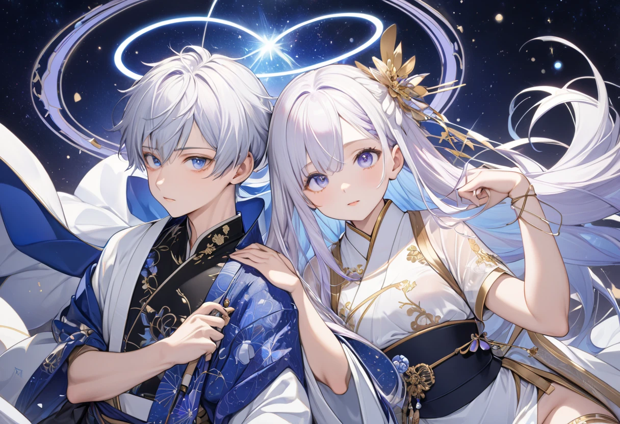 Fresh illustration,
Ultra-fine painting,
Top quality,
Very delicate illustration,
Very fine details,
Fair-skinned twins,
Older sister is a girl,
Brother is a boy,
Boy has short hair,
Girl has super long hair,
Girl's right eye is light blue,
Girl's left eye is light purple,
Both have heterochromatic eyes,
Both have large black pupils,
Both have beautiful eyes,
Boy's right eye is light purple,
Boy's left eye is light blue,
Both have shiny hair,
Both have blue roots and white hair elsewhere,
Both have gradational hair,
Both have one side of their foreheads exposed,
Both have cute faces,
Both have beautiful faces,
Both have shining angel halos on the back of their heads,
Girl has lowered eyebrows,
Boy has raised eyebrows,
Both have kimono upper bodies,
Both have Japanese upper bodies,
Both have white clothes overall,
Both have Chinese dresses lower bodies,
Both have obi The color is black,
the two are tastefully embroidered with gold thread,
they are wearing clothes made of high-quality fabric,
the girl has big breasts,
the boy has very small breasts,
the girl is wearing a thong,
the boy has a jockstrap,
the girl is wearing a garter belt,
the girl is wearing stockings,
the thigh straps are digging into her skin,
white long boots,
the toes of both are Japanese-style,
they have slim waists,
the girl has thick thighs,
the boy has thin thighs,
they are isometric,
they are in the golden ratio,
a divine atmosphere,
they are wearing indigo-colored stand-up collared innerwear,
outer space,
there are multiple galaxies,
there are countless small stars,
tactical use of shadows,
free poses,
exposed skin,
sexy poses,
lewd outfits,
perverts,
the girl's clothes are see-through, revealing her pink nipples and pussy,
the boy's clothes are see-through,