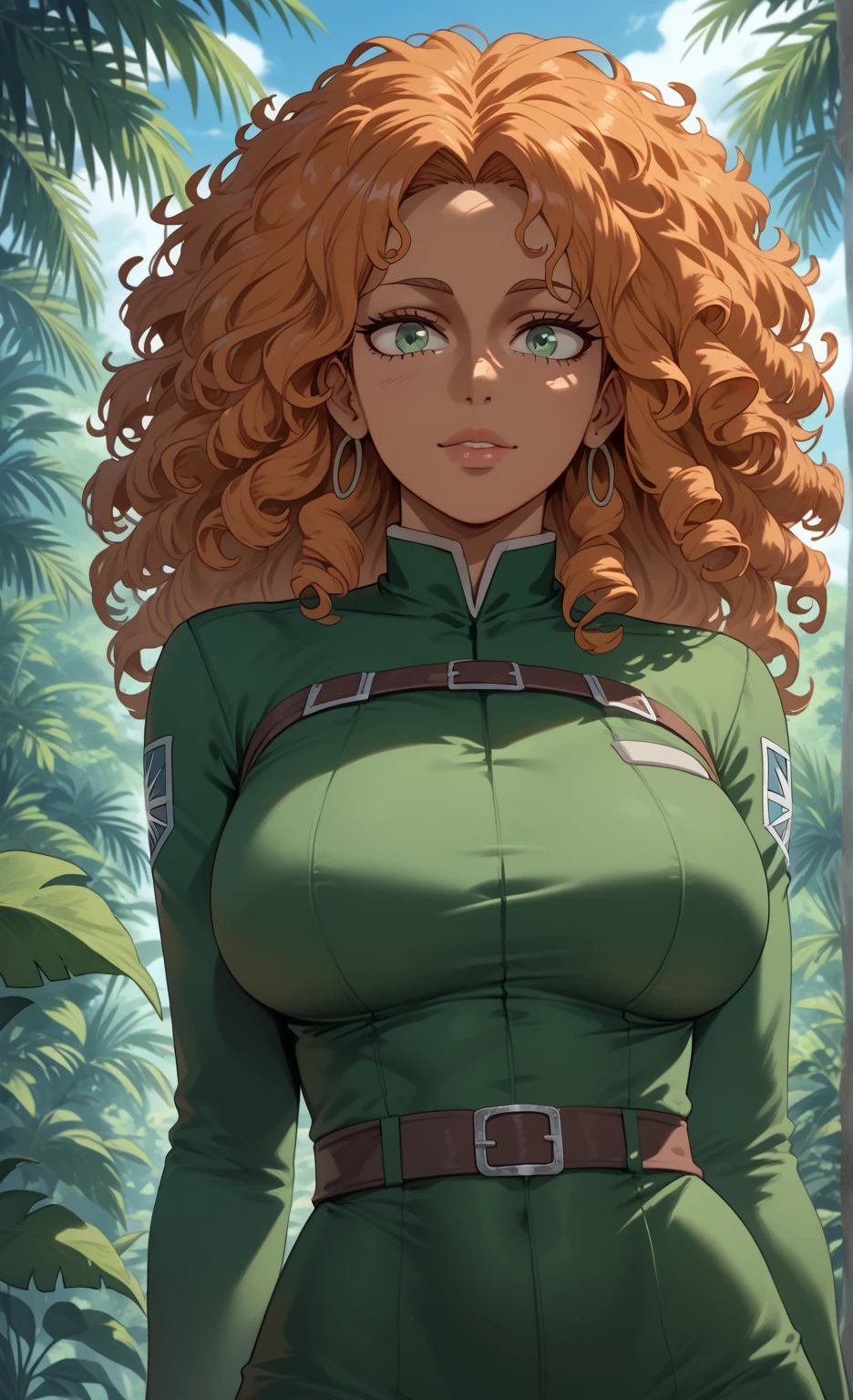 a mature black woman african, dark skin, orange long frizzy hair, green eyes, front view, high definition, pretty face, green skinsuitdress with leafs, jungle in the background, in mix of my hero academia and shingeki no kyojin style HD, 4K