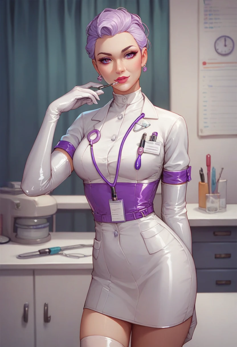 1 girl, Alone, Beautiful androgynous bimbo girl, short hair, Beautiful, short, tanned skin, medium breasts, Hispano, just pending, just clothes, parts, beautiful, 20 year old woman, Beautiful, blushes1 girl, {Alone}, Upper part of the body ,{{ {looking at the viewer}}}, arm at the side, Conceptual art, white bottom, simple bottom, Best Quality, masterpiece, Dynamic Angle, transparent_bottom, backlighting, absurdities, high resolution, ultra detailed, (Nurse:1.4)