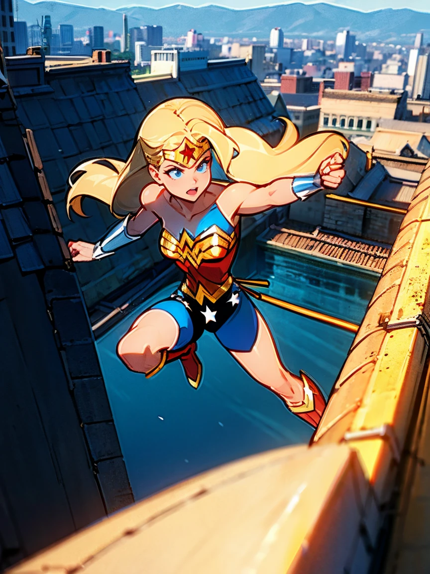 1female, blonde hair, wonder woman, long hair, city, roof