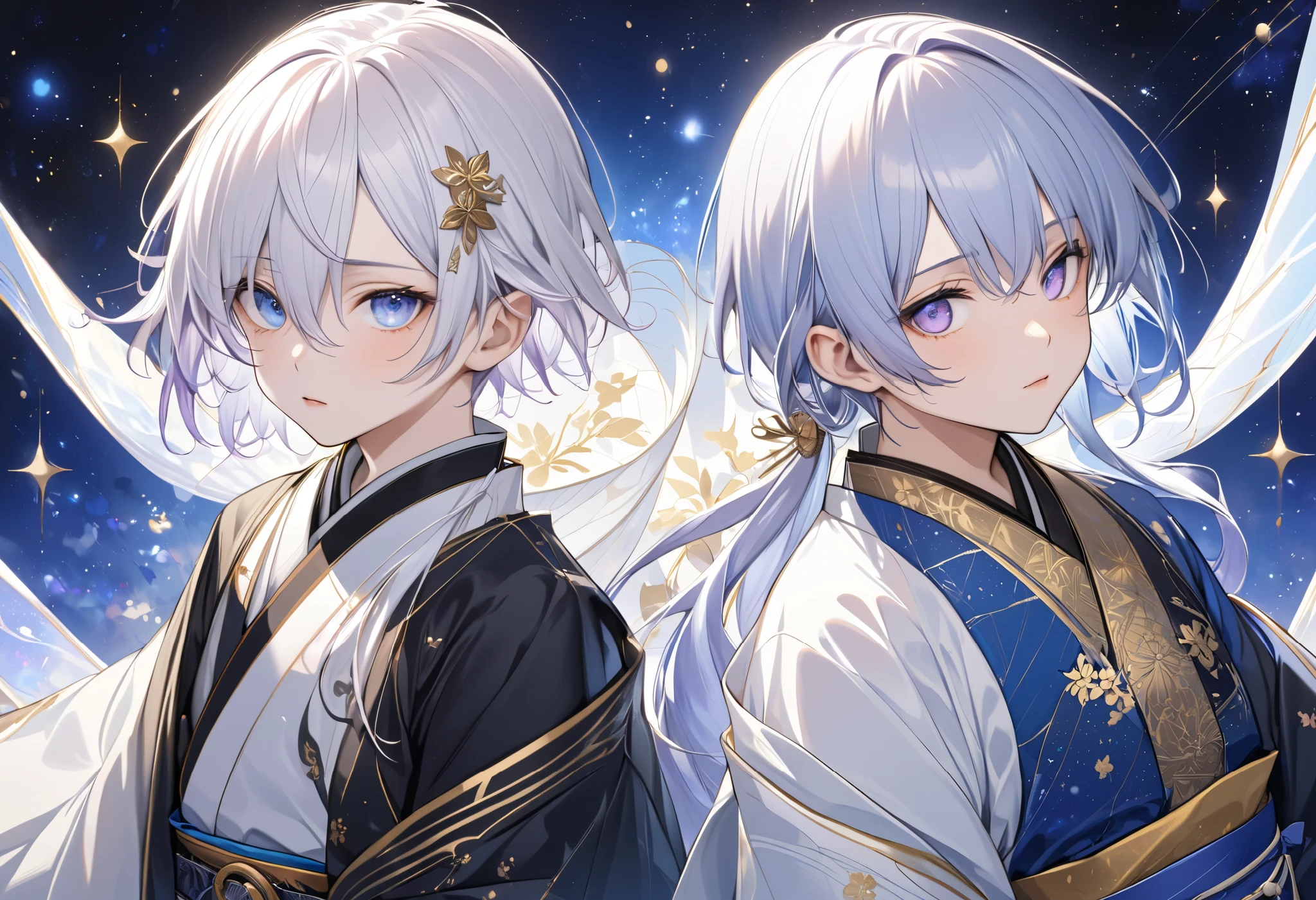 Fresh illustration,
Ultra-fine painting,
Top quality,
Very delicate illustration,
Very fine details,
Fair-skinned twins,
Older sister is a girl,
Brother is a boy,
Boy has short hair,
Girl has super long hair,
Girl's right eye is light blue,
Girl's left eye is light purple,
Both have heterochromatic eyes,
Both have large black pupils,
Both have beautiful eyes,
Boy's right eye is light purple,
Boy's left eye is light blue,
Both have shiny hair,
Both have blue roots and white hair elsewhere,
Both have gradational hair,
Both have one side of their foreheads exposed,
Both have cute faces,
Both have beautiful faces,
Both have shining angel halos on the back of their heads,
Girl has lowered eyebrows,
Boy has raised eyebrows,
Both have kimono upper bodies,
Both have Japanese upper bodies,
Both have white clothes overall,
Both have Chinese dresses lower bodies,
Both have obi The color is black,
the two are tastefully embroidered with gold thread,
they are wearing clothes made of high-quality fabric,
the girl has big breasts,
the boy has very small breasts,
the girl is wearing a thong,
the boy has a jockstrap,
the girl is wearing a garter belt,
the girl is wearing stockings,
the thigh straps are digging into her skin,
white long boots,
the toes of both are Japanese-style,
they have slim waists,
the girl has thick thighs,
the boy has thin thighs,
they are isometric,
they are in the golden ratio,
a divine atmosphere,
they are wearing indigo-colored stand-up collared innerwear,
outer space,
there are multiple galaxies,
there are countless small stars,
tactical use of shadows,
free poses,
exposed skin,
sexy poses,
lewd outfits,
perverts,
the girl's clothes are see-through, revealing her pink nipples and pussy,
the boy's clothes are see-through,