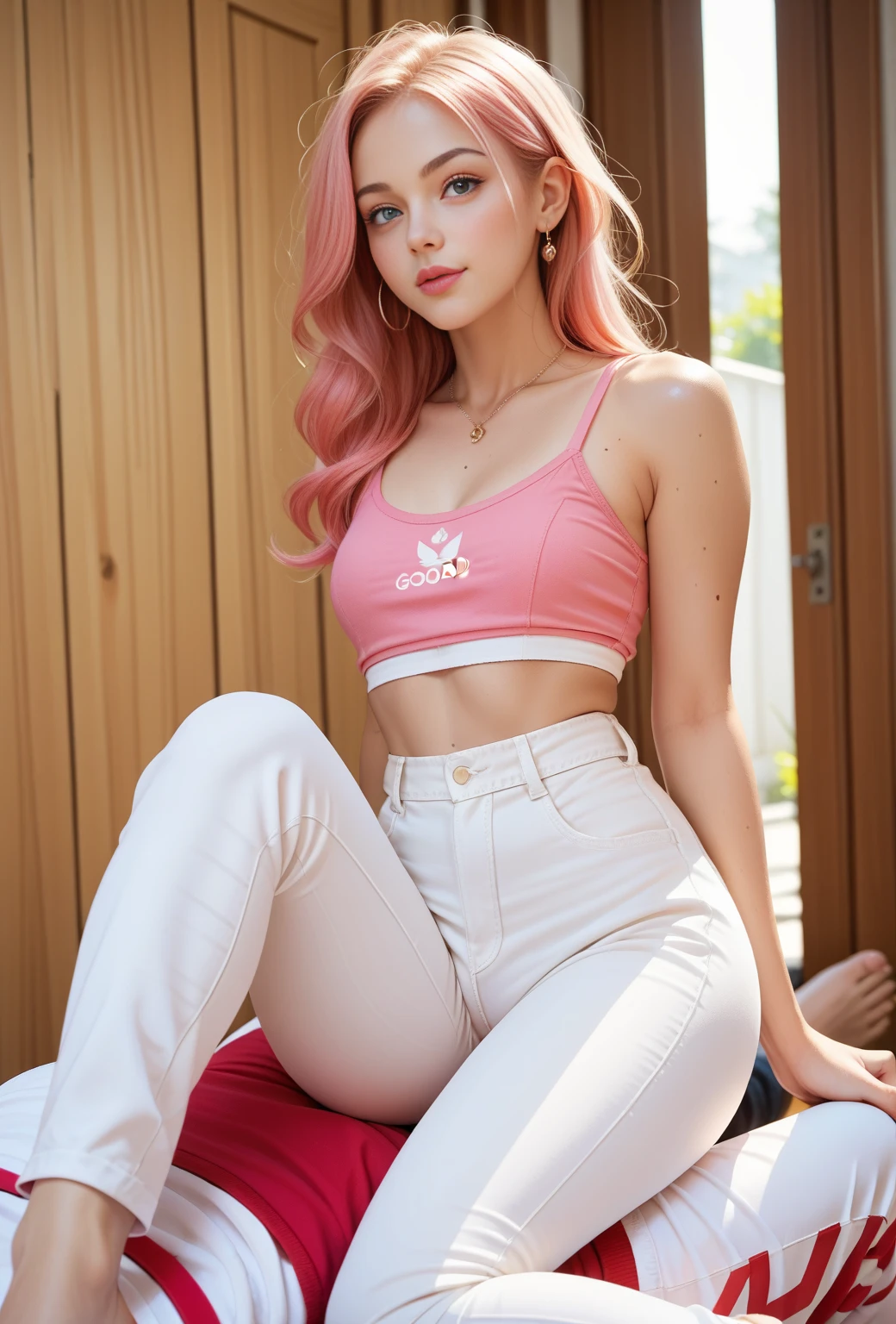 Young woman sitting on her back, ,  white pants , , good pink, 