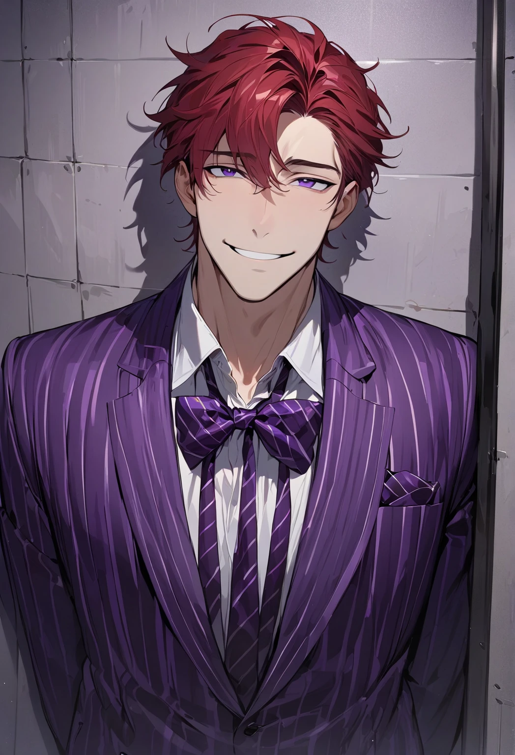 (Masterpiece, high resolution, best quality), solo, 1 boy, 25-years old man, handsome face, red hair, dark purple eyes, Purple striped suit with bow tie(purple), looking at viewer, solitary confinement in a mental hospital, handsome face, Masculine face, eyes smiled