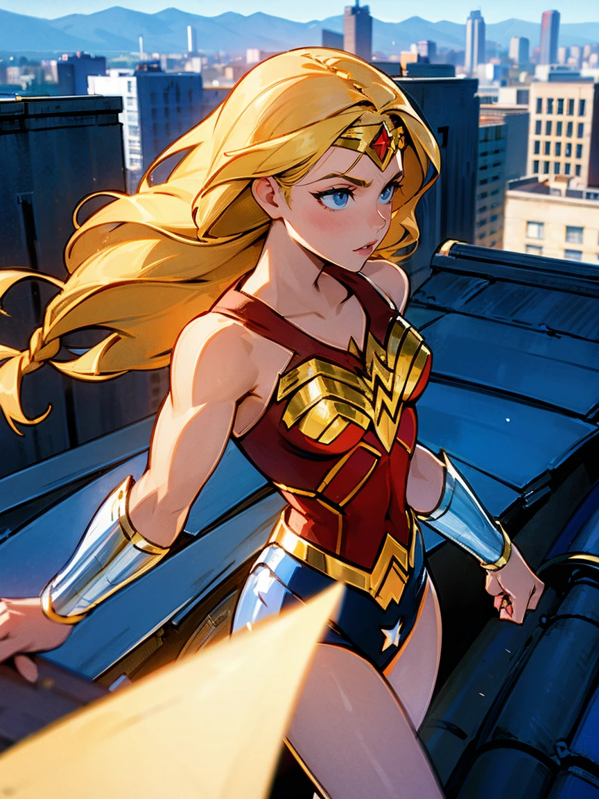 1female, blonde hair, braided hair, wonder woman, long hair, city, roof