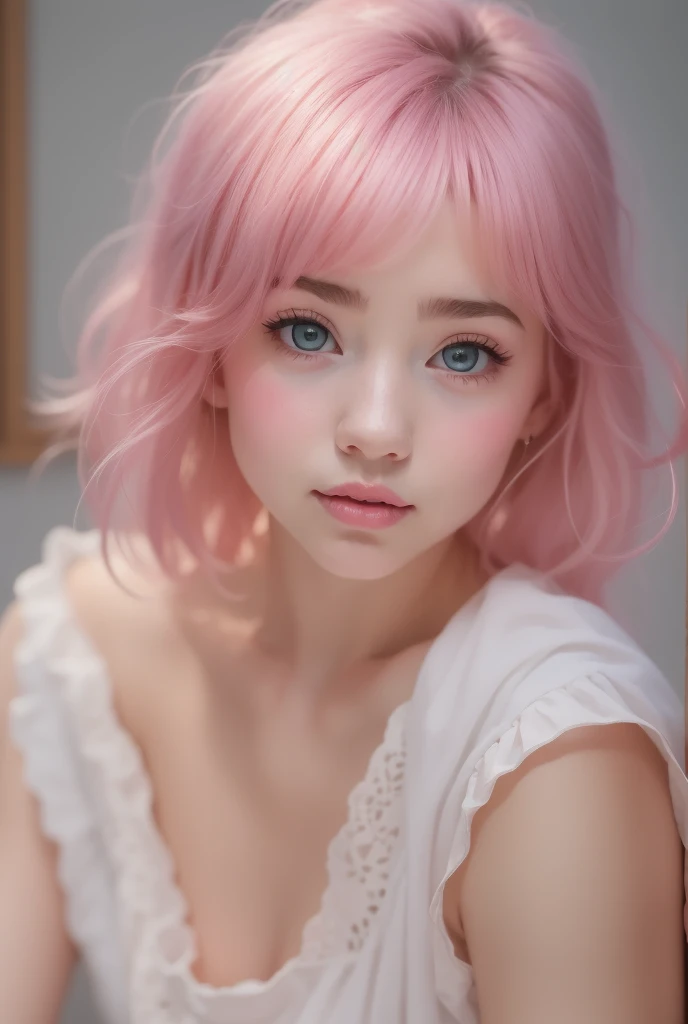   Thick eyelashesで青い目に穴を開ける10代の少女の詳細なポートレート ,   hyperdetail   ,   Photorealistic,   perfect face, Front View, Light grey eyes that are transparent like glass 、Thick eyelashes   , real skin,  Detailed portrait of a teenage girl with medium pink hair banged   ,  off-the-shoulder tank top sitting in a wooden box in the room、  white high waisted pleated skirt    , Indoor Settings,  white room background ,  natural light, Soft Shadows,   cozy relaxed atmosphere 