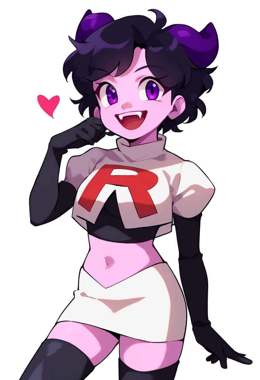 jellybean_yt, solo, looking at viewer, smile, short hair, open mouth, black hair, 1girl, white background, purple eyes, female focus, horns, teeth, colored skin, fangs, team rocket,team rocket uniform,white skirt,red letter R,crop top,black thigh-highs,black elbow gloves, source