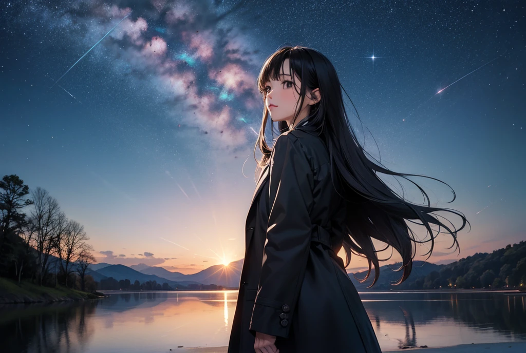  One girl ,  black hair,  long hair,  Long Coat,lake, starry sky 