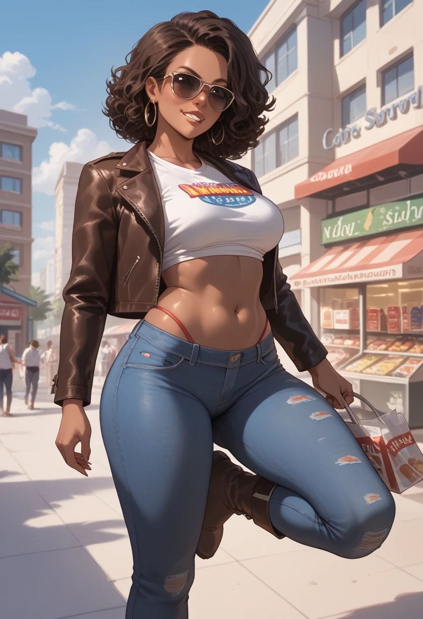 Almond-eyed Dark Mocha-skin tonned African-American woman with Short dark curly hair, juicy lips, a large chest, thick thighs, Perfect hands, and perfect feet . . She is wearing sunglasses, boots, a leather jacket, and distressed skinny jeans. looking down biting her bottom lip.  the bottom of her Boot in the Foreground shopping center background 