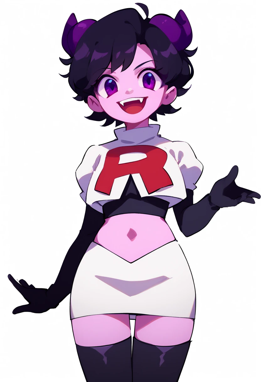 jellybean_yt, solo, looking at viewer, smile, short hair, open mouth, black hair, 1girl, white background, purple eyes, female focus, horns, teeth, colored skin, fangs, team rocket,team rocket uniform,white skirt,red letter R,crop top,black thigh-highs,black elbow gloves, source