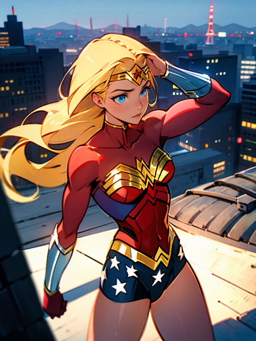 1female, blonde hair, braided hair, wonder woman, long hair, black arm sleeve, city, roof