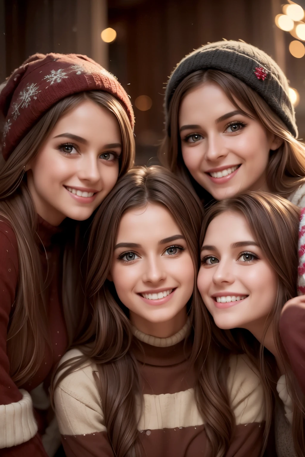 a happy group of 3 adorable girls, smiling and joyful, wearing Christmas outfits, detailed facial features, beautiful detailed eyes, beautiful detailed lips, extremely detailed facial expressions, intricate holiday decorations, sparkling lights, warm cozy atmosphere, vibrant colors, christmas tree, presents, snow, (best quality,4k,8k,highres,masterpiece:1.2),ultra-detailed,(realistic,photorealistic,photo-realistic:1.37),highly detailed, vivid colors, soft lighting, christmas theme, festive, beautiful girls, cheerful, holiday season