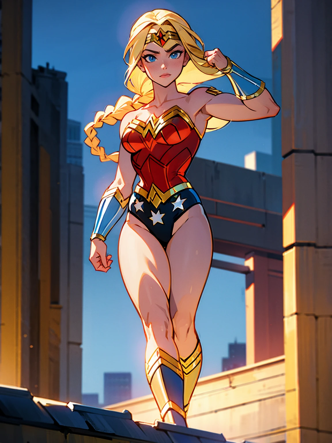 1female, blonde hair, braided hair, wonder woman, long hair, black arm sleeve, city, roof, masterpiece quality