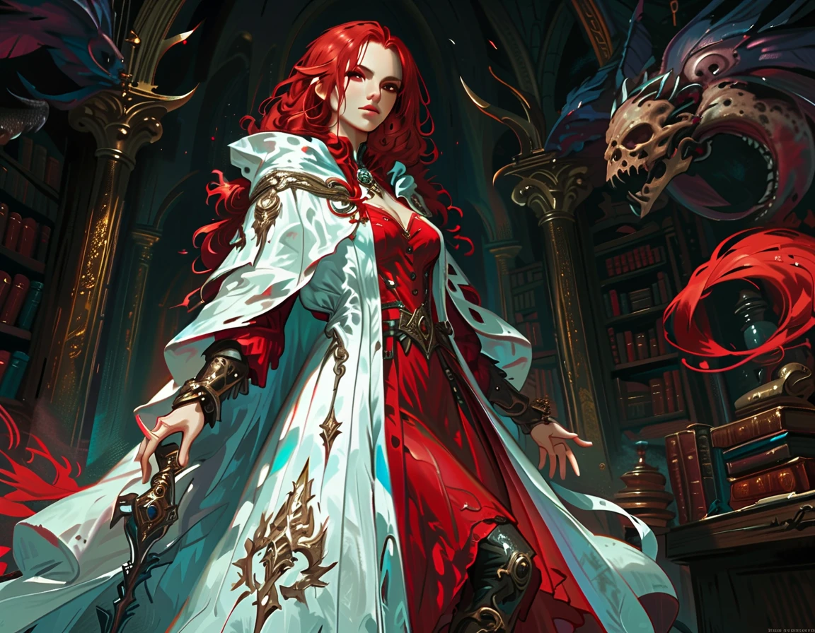 picture of a sorceress casting a spell in magical library, exquisite beautiful woman, dynamic hair color, dynamic hair style, ((full body shot: 1.5)), ((anatomically correct: 1.5)),  (ultra detailed face: 1.2), best detailed face,  high details, best quality, 16k,  (long red dress: 1.2), (white cloak: 1.3), high heeled boots (ultra details, Masterpiece, best quality) masterpiece, best quality, (extremely detailed), full body, ultra wide shot, (ultra details, Masterpiece, best quality), fantasy art, dnd art, fantasy art, realistic art,  (ultra details, Masterpiece, best quality), (ultra details, Masterpiece, best quality), FairyTaleAI, Hyperrealism style, Cinematic Shot, rpg portrait