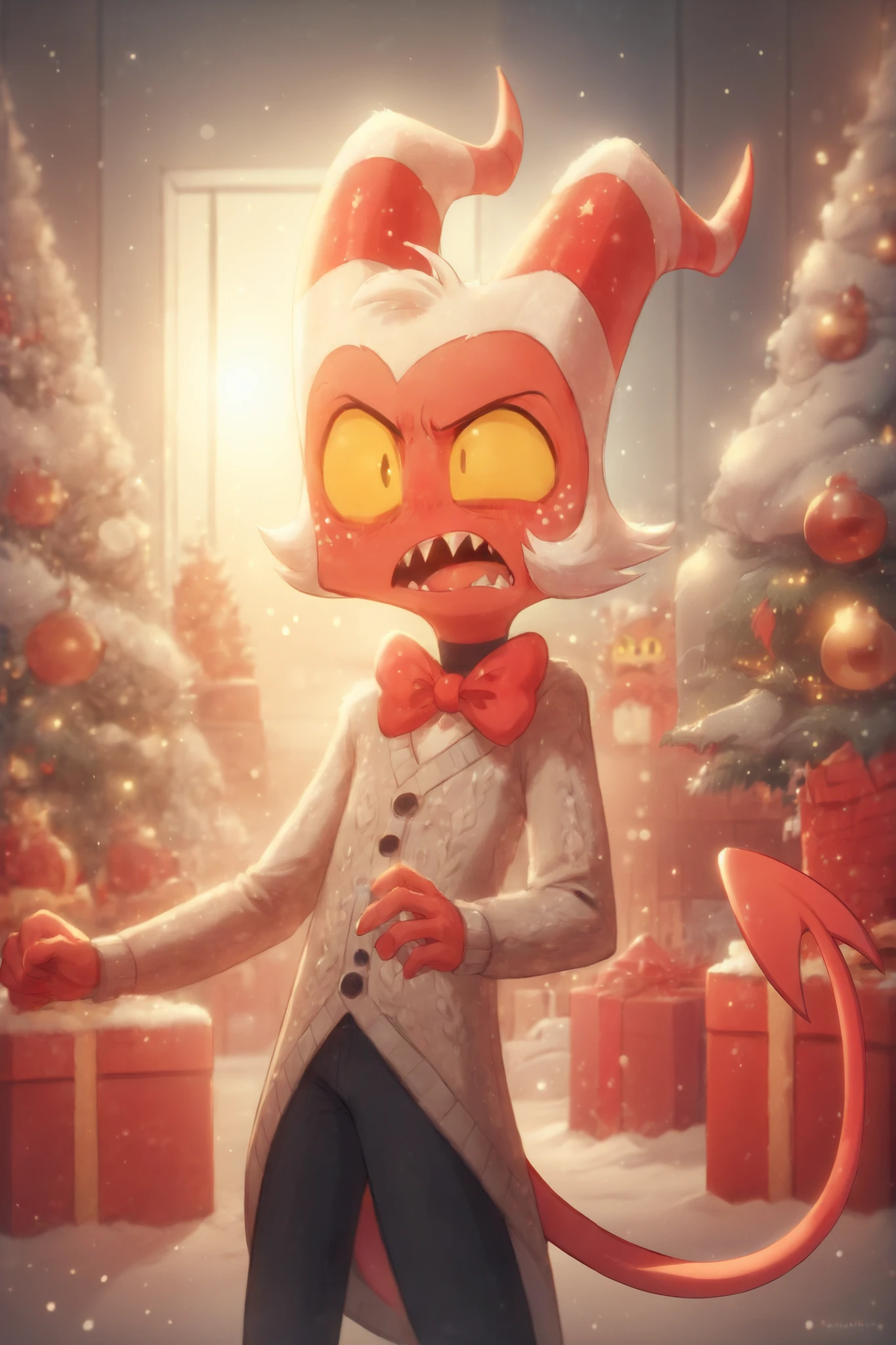 moxie2,long sleeves,1boy,bow,tail,yellow eyes,white hair,male focus,horns,teeth,bowtie,colored skin,black pants,sharp teeth,demon horns,demon tail,furry,colored sclera,red skin,yellow sclera,demon boy, Solo, Open Mouth, High Resolution, Masterpiece, Detail, melting, Best Quality, Fang, ((Serious)), ChristmasWintery

Moxie playing the holiday, Blush, Depth Of Field, Backlighting, snow, Christmas tree, ugly sweater