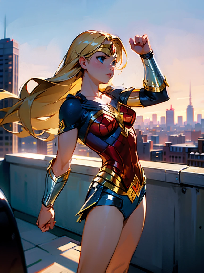 1female, blonde hair, braided hair, wonder woman, long hair, black arm sleeve, city, roof, masterpiece quality