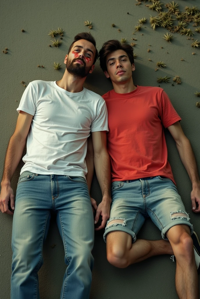 Photo-realistic.  A tall, fit, Caucasian, young, 17-year-old male, with short, shaved, brown hair, and blue eyes, wearing a gray T-shirt with a flannel shirt tied around his waist, and jean shorts, arms around a fit, Middle Eastern, young, 17-year-old male, with short, shaved, brown hair, and closed eyes, wearing a red graphic T-shirt, and khaki shorts and a tan beanie. They are reclining together, under a tree, in a suburban backyard, on an Autumn night.