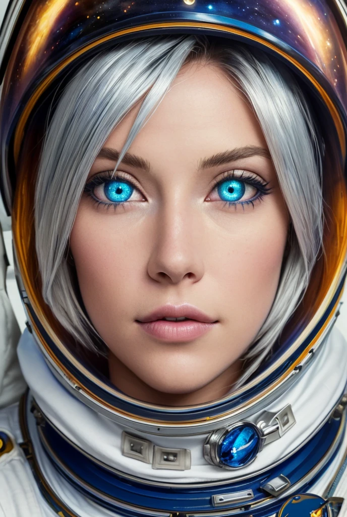 ( close up of a better masterpiece: 1.5) 0.9], (Space and astronauts: 1.2) (Disheveled silver hair: 1.1) ( Heterochromia xanthochromia and blue eyes: 1.2) (space helmet: 1.0) ( Colored stars in the eyes: 1.0) (A radiant glow: 1.1) ( thick lips: 0.9)