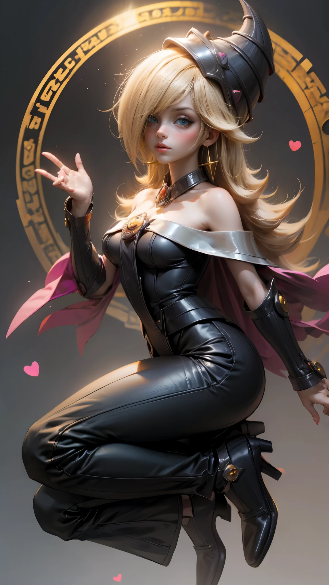 dark magician gils, with high-heels. Pants, sexy, Subjective and sensual pose. magic background. Magical heart in the air. magic circle