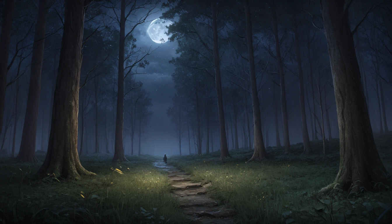 ((Masterpiece, top quality, high resolution, highly detailed CG unified 8K wallpaper)), новогодний страшный демон в лесу Nightю, fear, Night, moonlight, composition,  comes out of the forest, out of the forest to the field , dense forest, gloomy