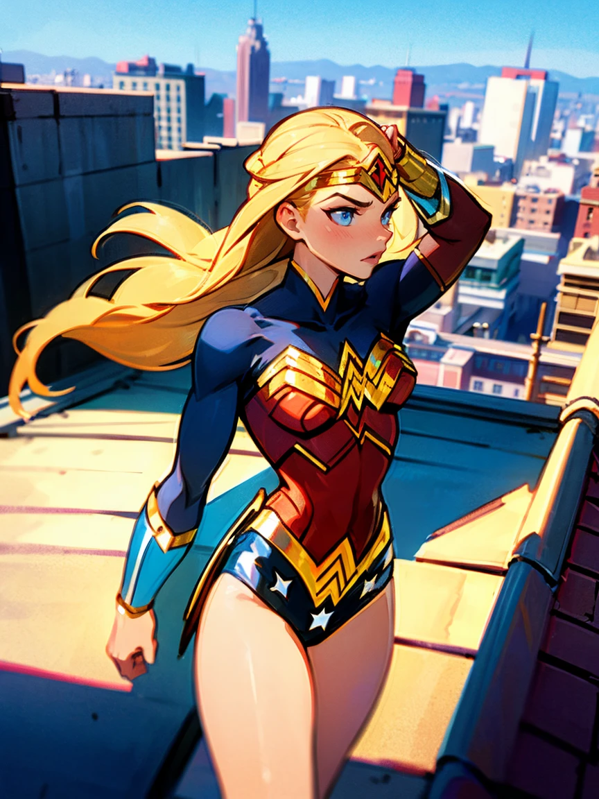 1female, blonde hair, braided hair, wonder woman, long hair, black arm sleeve, city, roof, masterpiece quality